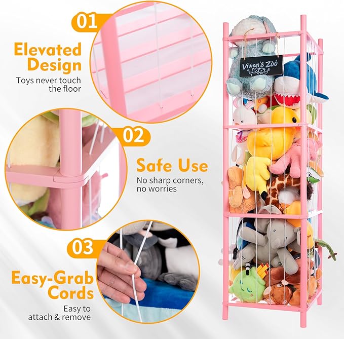 Large Stuffed Animal Storage, Wooden Stuffed Animal Storage Zoo, Toy Holder, Space Saving Toy Zoo for Kidroom, Playroom, Kid’s Gift, Pink