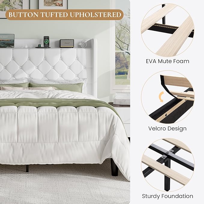 SHA CERLIN Full Size Platform Bed Frame with Charging Station, Velvet Wingback Headboard with Storage Shelf, Wooden Slats Support, Ample Under-Bed Space, No Box Spring Needed, Easy Assembly, White