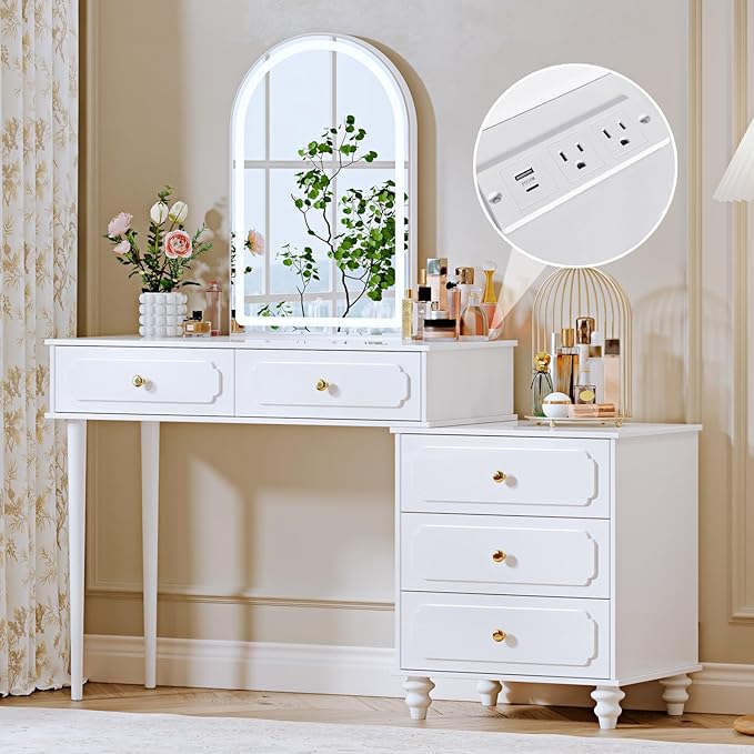 White,Vanity Desk with Mirror and Lights,Makeup Vanity with Power Outlet and Adjustable Cabinet,Modern Makeup Table with 3 Drawers for Bedroom Makeup Room