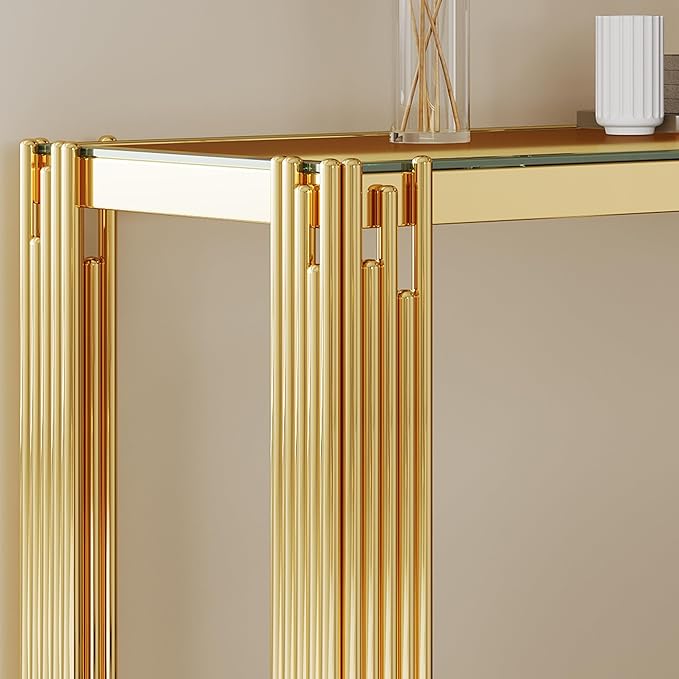 Goujxcy Modern Glass Console Table 55" Gold Entryway Table with Tempered Glass Top and Mirror Finish Stainless Steel Legs, Luxury Rectangular Sofa Table for Living Room Hallway Corridor Table (Gold)