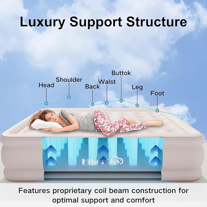 Queen Air Mattress with Built-in Pump, Air Bed with Portable Storage Bag, 18'' Blow up Mattress Suitable for Home and Guests, Top Flocking, 18" Queen Khaki