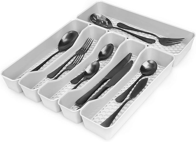 Spectrum HEXA 5-Divider Expandable Silverware Tray (Stone Gray) - In-Drawer Organizer for Kitchen Accessories, Cutlery, Knives, & More/Easy-to-Clean Home & Apartment Essential (Pack of 2)