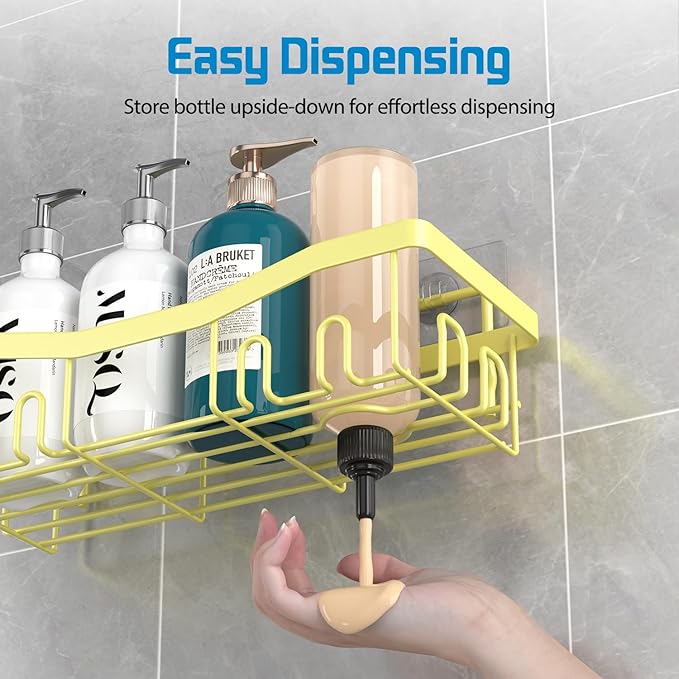 Adhesive Shower Caddy, No Drilling Bath Organizers 5 Pack, Rustproof Shelves with Soap Holder & Toothbrush Holder, Bathroom Organizers and Storage, Yellow
