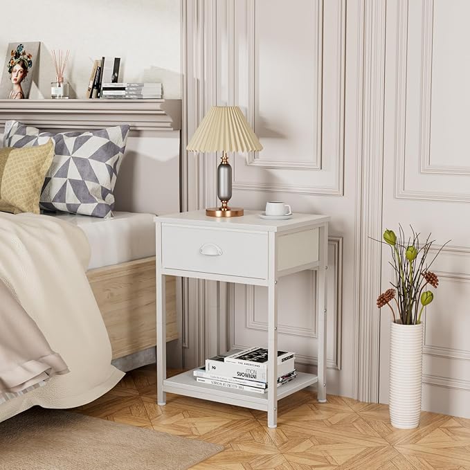 Furologee White Nightstands Set of 2, End Table with Fabric Drawer, Small Side Table for Small Spaces, 2 Tiers Storage Shelves End Table, Bedside Table for Living Room, Bedroom, Dorm
