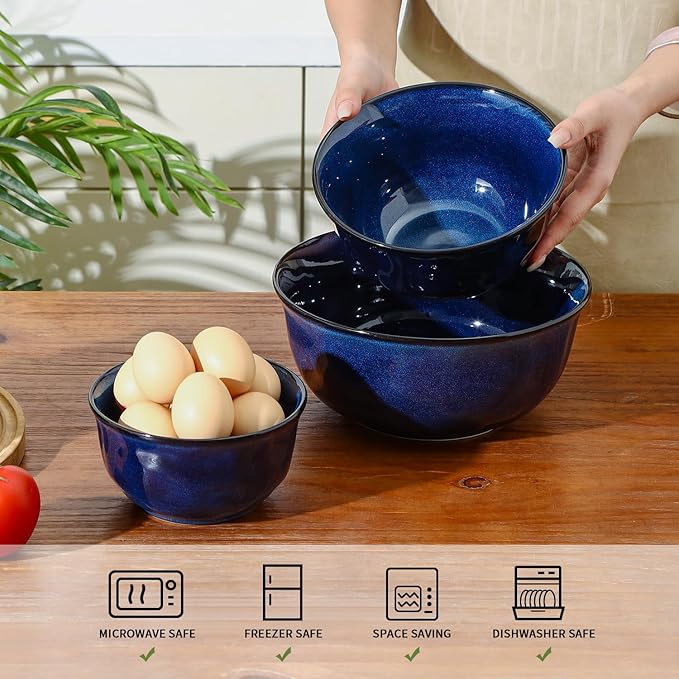 vicrays Ceramic Mixing Serving Bowl Set: Nesting Stoneware Kitchen Decorative Large Bowls for Prepping, Baking – Microwave Oven Dishwasher Safe – 9/7/5.7 inch, Set of 3 (Blue)