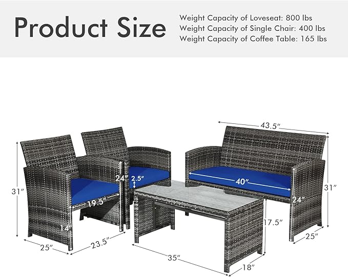 Goplus 4-Piece Rattan Patio Furniture Set, Outdoor Wicker Conversation Sofa with Weather Resistant Cushions and Tempered Glass Tabletop for Lawn Backyard Pool Garden (Blue)