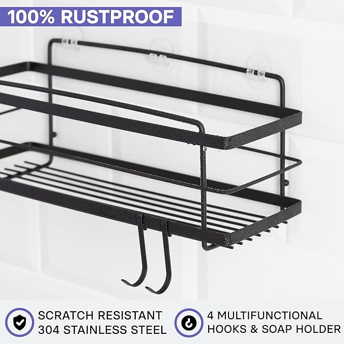 KINCMAX Premium Shower Caddy with Soap Holder, 2-Pack Adhesive Shower Organizer, No Drill Bathroom Shelves, Rustproof Stainless Steel Shelves for Inside, Shower Storage Rack, Matte Black