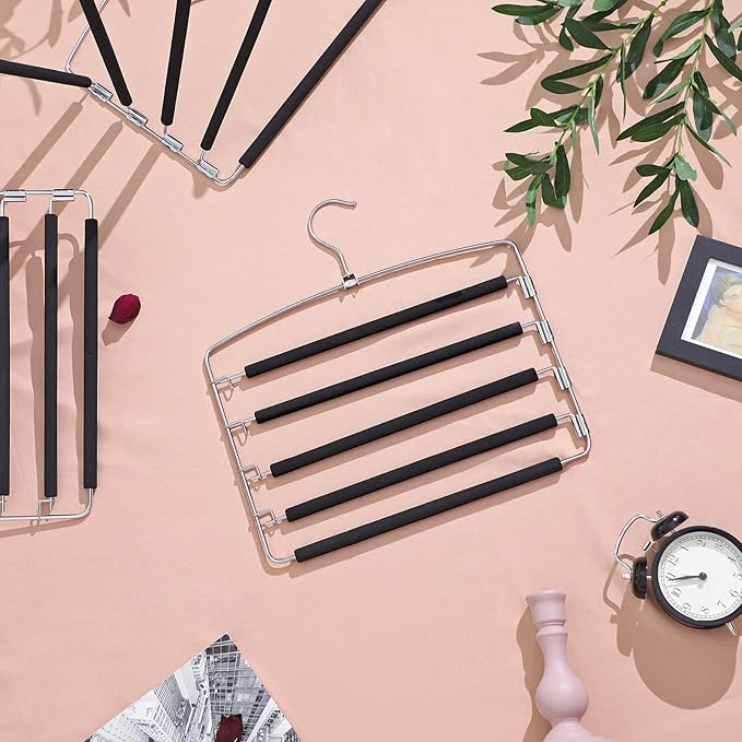 SONGMICS Pants Hangers, Set of 3, 5 Tiers Non-Slip Skirt Hangers, Space Saving Pants Organizers, for Closet, Silver and Black UCRI041BK