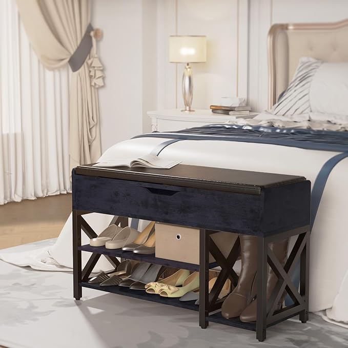 Shoe Bench, Lift Top Shoe Storage Bench, Adjustable Shelf Entryway Bench with Cushion for Entry, Bedroom, Closet, Living Room, Hallway (Black, 35.5“W)