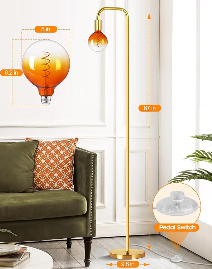 QiMH Floor Lamp for Living Room, Minimalist Industrial Standing Lamp with Clear Globe Glass LED Bulb, 2200K Warm Ambiant Lighting Decorative Modern Tall Lamp for Bedroom Office, Brushed Gold