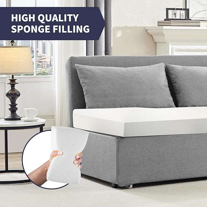 Queen Sofa Bed, Modern Pull Out Sofa Bed with Cushions & Throw Pillows, Linen Couch Beds, Convertible Sleeper Sofas Beds, Loveseat for Living Room for Small Spaces, Light Gray