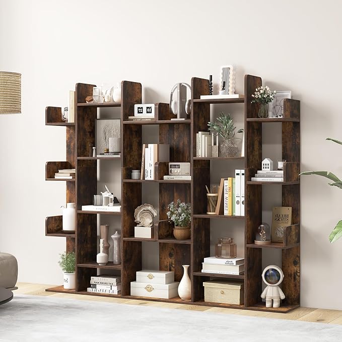 Tangkula Freestanding Tree Bookshelf, Corner Storage Organizer with 13 Open Shelves, Decorative Display Cube Shelf for Living Room, Study, Office, 34 x 9.5 x 55.5 Inch (2, Rustic Brown)