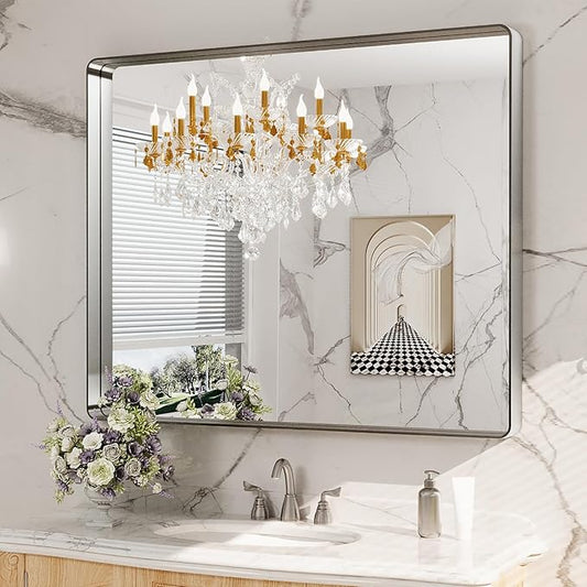 LOAAO 48x40 Inch Brushed Nickel Bathroom Mirror, Rounded Rectangle Silver Metal Frame Mirror, Brushed Nickel, Anti-Rust, Shatter Proof, Hangs Horizontally or Vertically