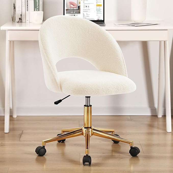 Furnimart Swivel Rolling Desk Chair, Adjustable Faux Fur Vanity Chair with Gold Legs, Cute Task Chair with Wheels for Living Room Bedroom Studying Small Places (Faux Fur White)