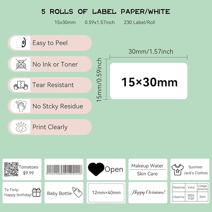 1175 Pcs D30 Label Maker Tape, 15×30mm(0.59"×1.2") Thermal Label Print Stickers Compatible with D30 Portable Label Printer Adapted Print Paper for Office, 230 Labels/Roll, 5 Rolls(White)