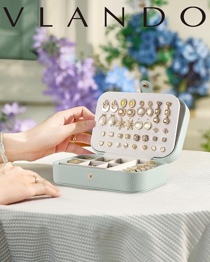 Vlando Travel Jewelry Case for Women Girls Mothers, PU Leather Portable Small Jewelry Box for Rings, Necklaces, Bracelets, Earring Holder Organizer Storage for Travel, Bridesmaid Gifts - Mint Green