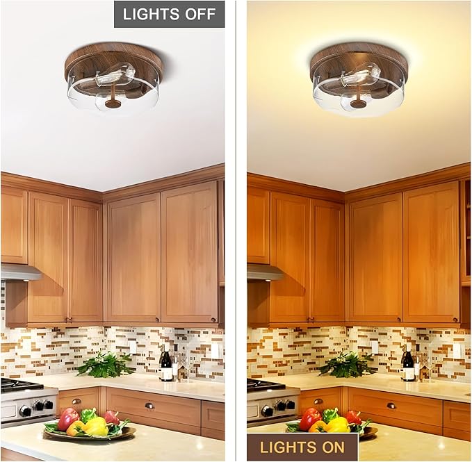 Flush Mount Ceiling Light with Clear Glass Shade, 2-Light Indoor Outdoor Farmhouse Lighting Flush Mount Lights for Kitchen Bedroom Porch Living Dining Room (Wood)