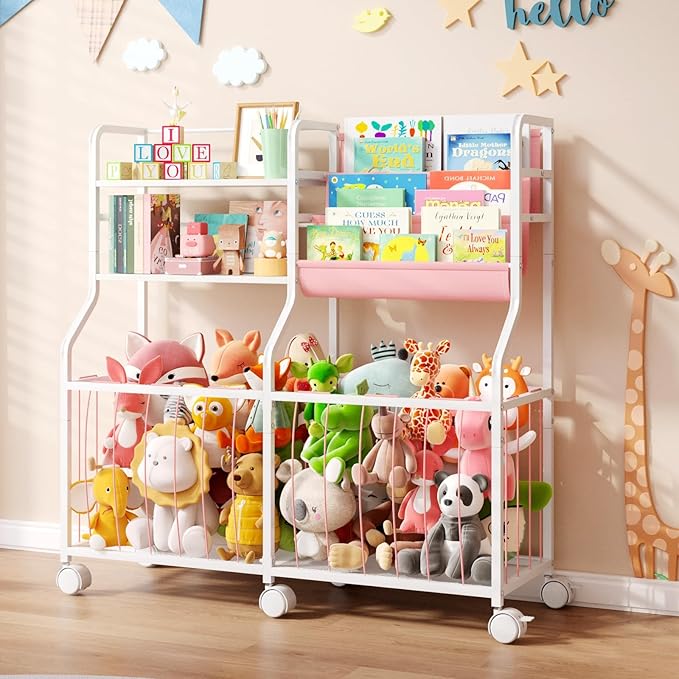 BBLIKE Stuffed Animal Storage Organizer - Rolling Kids Bookshelf and Toy Storage with 3 Tiered Book Display and Toy Chest - Rolling Furniture for Kids Room, Playroom, Bedroom, Nursery, Pink