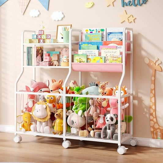 BBLIKE Stuffed Animal Storage Organizer - Rolling Kids Bookshelf and Toy Storage with 3 Tiered Book Display and Toy Chest - Rolling Furniture for Kids Room, Playroom, Bedroom, Nursery, Pink