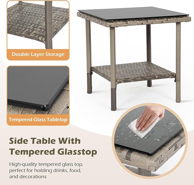 FDW 3 Piece Outdoor Furniture Set Patio Gray Wicker Chairs Furniture Bistro Conversation Set 2 Rattan Chairs with Blue Cushions and Glass Coffee Table for Porch Lawn Garden Balcony Backyard