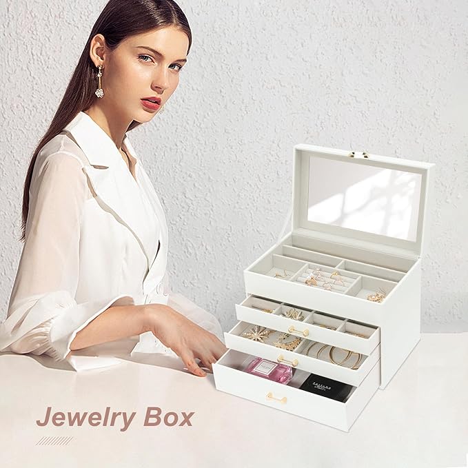 Jewelry Box with Mirror，Jewelry Holder Organize with 3 Drawer，4-Layer Jewelry Box for Women Girls，Large Jewelry Storage Box. (White