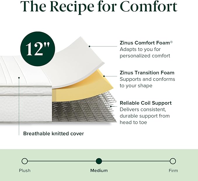ZINUS 12 Inch Foam and Spring Hybrid Mattress [New Version], Twin, Fiberglass Free, Medium Firmness, Durable Support, Certified Safe Foams & Fabric, Mattress in A Box