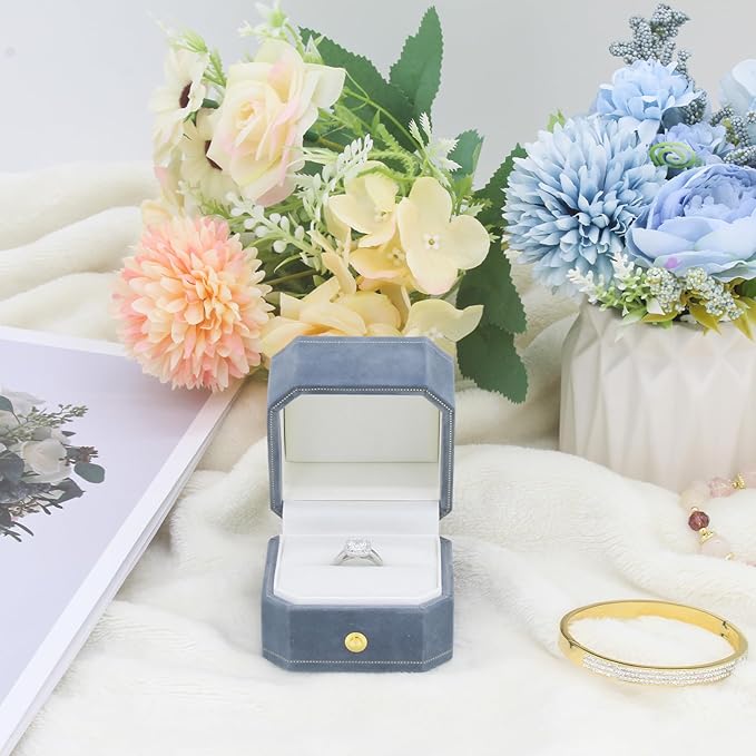 Jewelry Ring Box Small Travel Jewelry Box, Velvet Wedding Ring Box for Business, Engagement, Wedding, Bridesmaid and Holiday Events - Lake blue