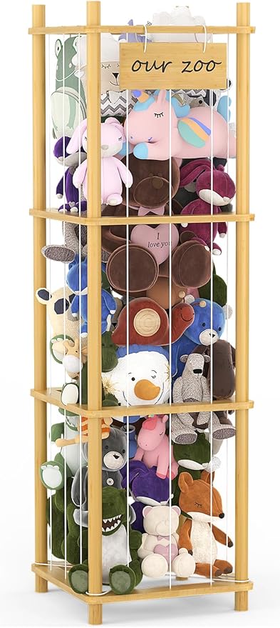 Bamboo Stuffed Animal Storage Zoo, Large Capacity Plush Toy Cage, Wood Stuffed Animals Holder for Toddler Room, Playroom, Bedroom