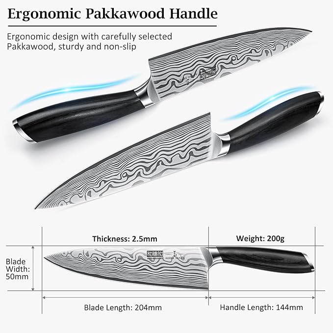 8 Inch Chef Knife, Ultra Sharp High Carbon Powder Steel Kitchen Knife, Professional Japanese Chef's Knife with Ergonomic Pakkawood Handle