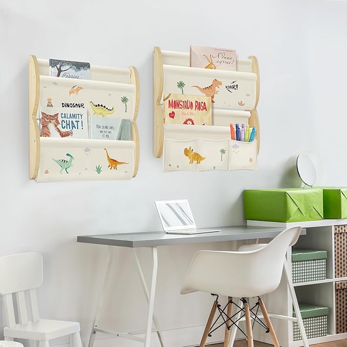 Wooden Wall Mounted Bookshelf for Kids Rooms, 4 Tier Floating Nursery Book Shelf, Kids Bookshelf with 2 Pockets, Toddler Sling Book Rack with Deep Sleeves (Dinosaur)