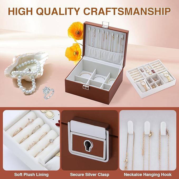 Jewelry Organizer Box for Women,Large Genuine Leather Jewelry Organizers and Storage with Earring Holder Organizer Removable Velvet Jewelry Tray,Christmas Gifts for Mom,Orange