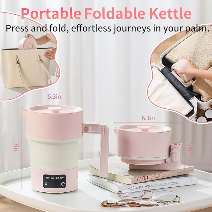 Travel Electric Kettle-Collapsible Portable Electric Kettle, 600W Foldable Small Water Boiler with 4-Temp Presets, Food Grade Silicone for Hotel, Office, Camping (Pink, 600mL)