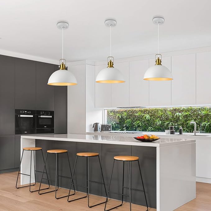 12 Inch White Farmhouse Pendant Lights for Kitchen Island Industrial Haning Lamp Adjustable Height Vintage Dome Hanging Light Fixtures for Barn, Dining Room