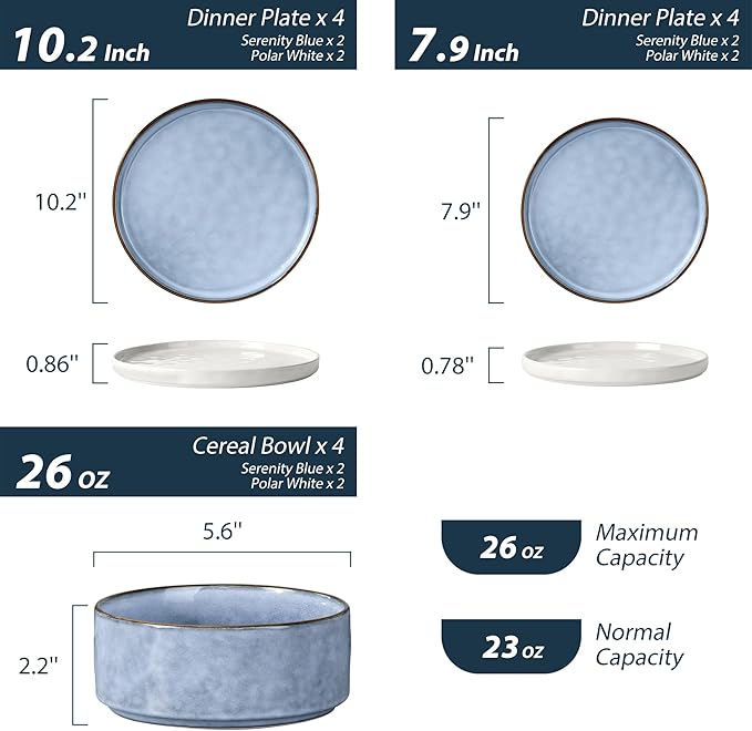LIANYU Dinnerware Sets for 4, 12 Piece Stoneware Dinner Plates and Bowls Dish Set, Kitchen Dining Speckled Tableware Dishware, Microwave & Dishwasher Safe, Polar White & Serenity Blue