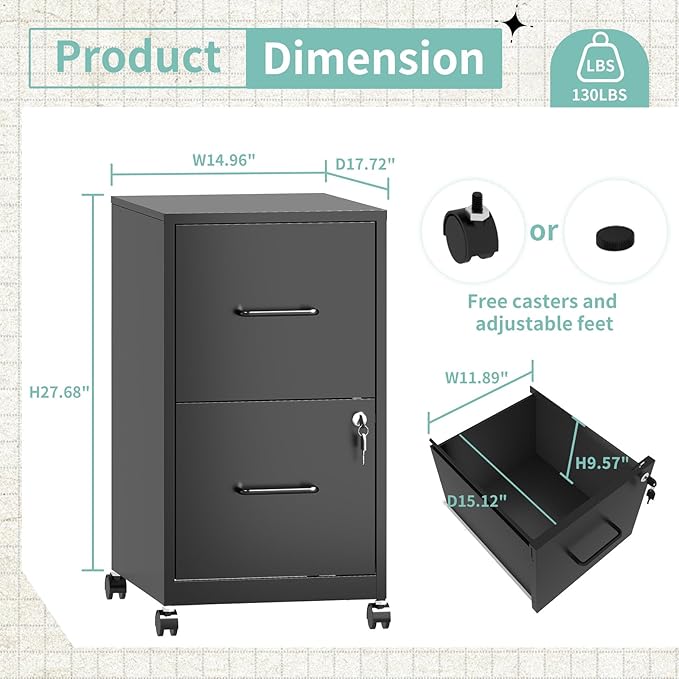 AQY 2 Drawer Mobile File Cabinet with Lock, Rolling Metal Filing Cabinet for Home Office, Vertical File Cabinet on Wheels, Small Black File Storage Cabinets for Legal/Letter/A4 Files Assembly Require