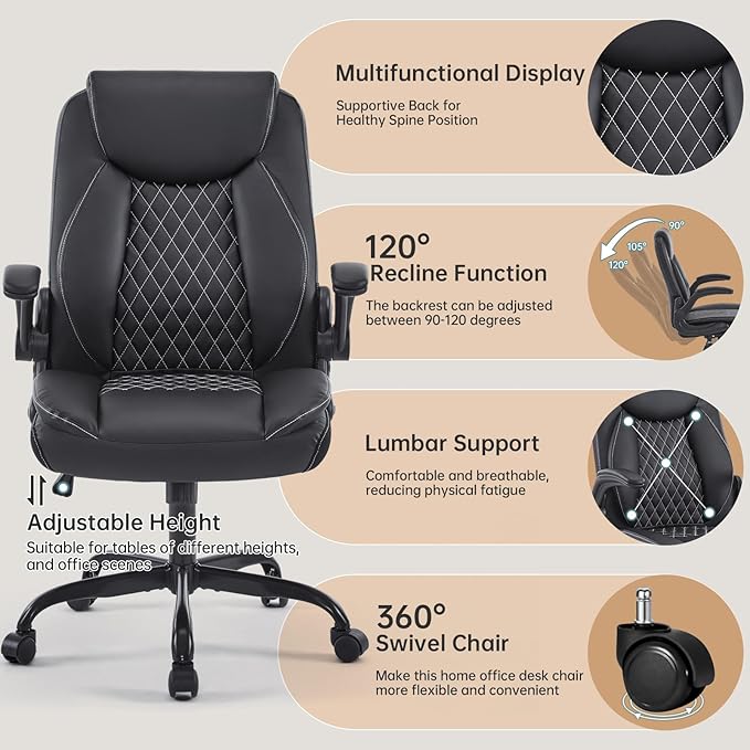 YFO Leather Office Ergonomic Home Office Desk Chair, Back Support Swivel Executive Office Chair with Wheels and Flip-Up Armrests, Small Gaming Chair with Adjustable Rocking Function, Black