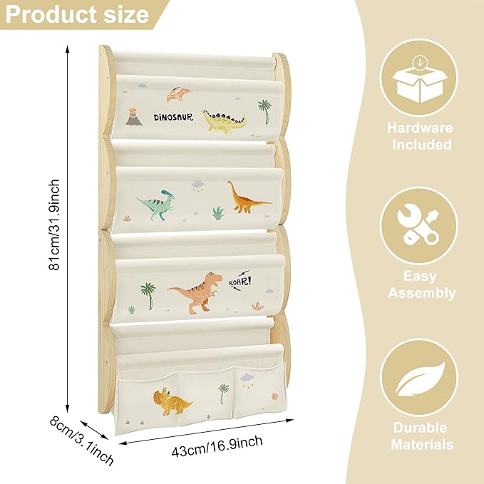 Wooden Wall Mounted Bookshelf for Kids Rooms, 4 Tier Floating Nursery Book Shelf, Kids Bookshelf with 2 Pockets, Toddler Sling Book Rack with Deep Sleeves (Dinosaur)