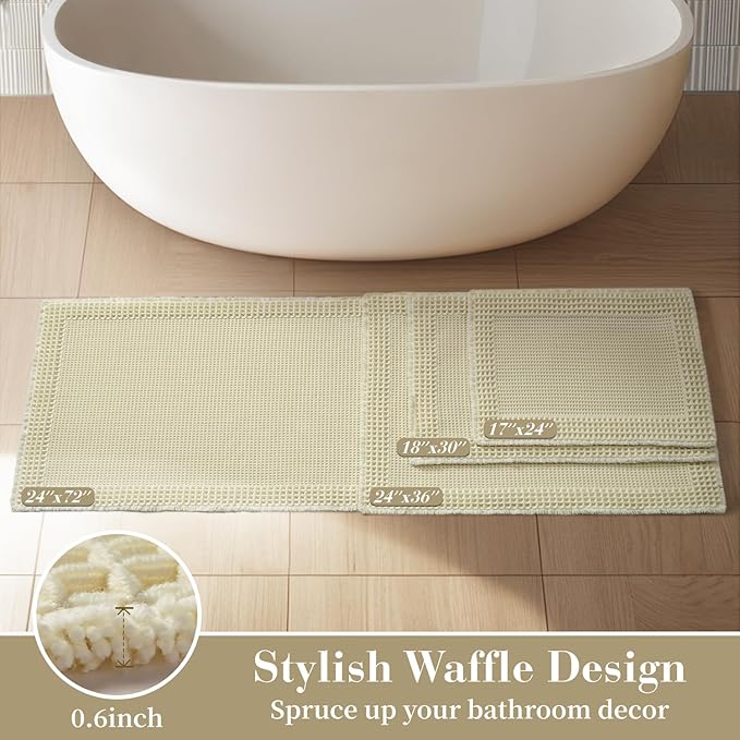 RESARE Waffle Bath Mat for Bathroom, Super Absorbent Bathroom Rugs Non Slip Machine Washable, Ultra Soft Quick Dry Boho Bath Rugs with Tassels for Floor, Upgraded Bordered Design, 24"x36" Cream