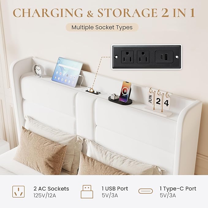 SHA CERLIN King Size Bed Frame with Charging Station & Storage Shelf, Velvet Upholstered Modern Platform Bed with Wingback Headboard, Wooden Slats Support, No Box Spring Needed, Easy Assembly, White