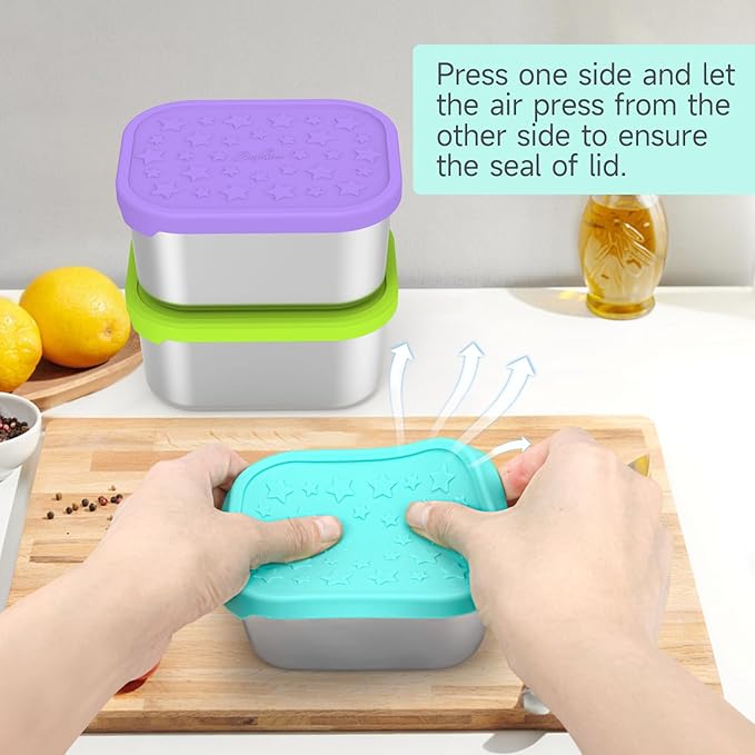 SOPHICO Stainless Steel 14 OZ Snack Containers for Kids，Food Storage Container with Silicone Lid - Perfect 304 Metal Toddler Lunch Box for Daycare and School, Leak Proof (MIX, 4 PACK)