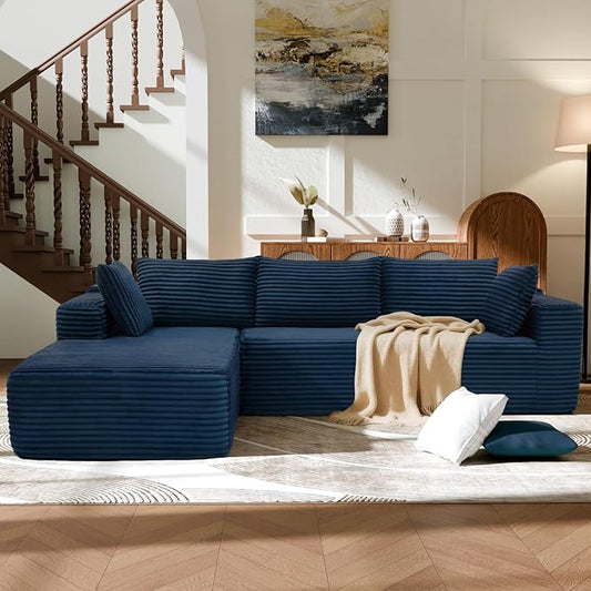 Modern Cloud Modular Sectional Sofa with Chaise, 106" L-Shaped Sofa Couch for Living Room, Deep Seat Plush Boneless Couches, Includes Pillows, Right Chaise, Blue