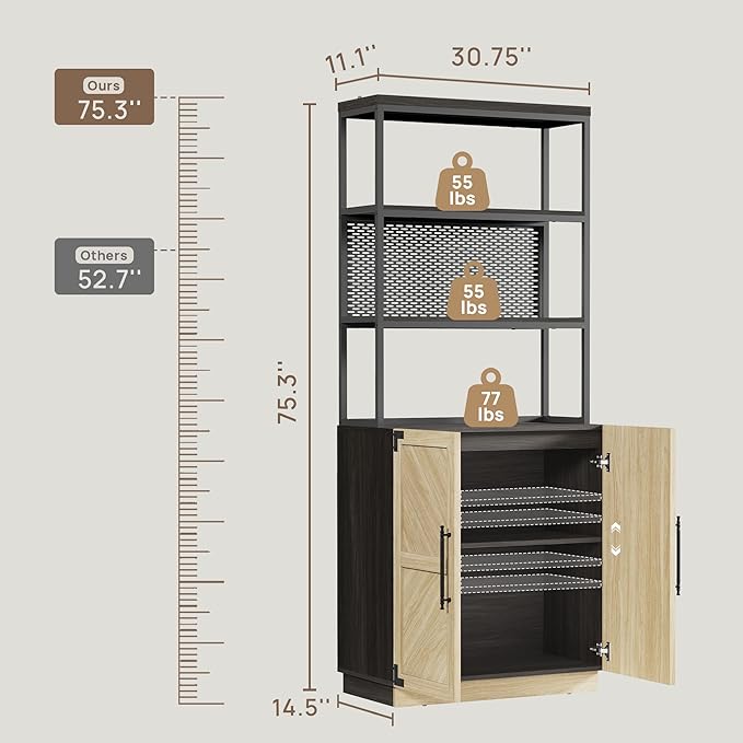 SICOTAS Tall Bookshelf with Storage Cabinet - Modern Book Shelf with Doors and Shelves, 5 Tier Bookcase with Metal Frame Industrial Large Book Case for Home Office, Living Room, 75 Inch, Sand Beige