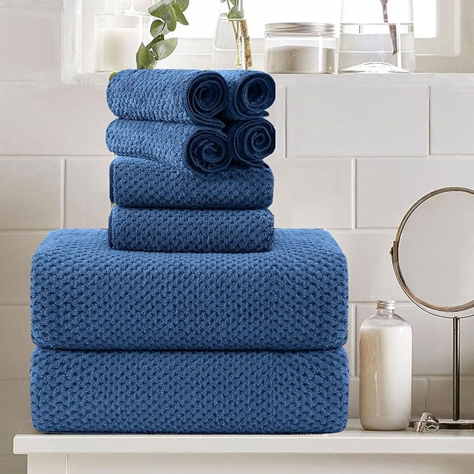 8 Piece Large Navy Family Bath Towel Set-2 Oversized Bath Towel Sheets,2 Hand Towels,4 Washcloths-600GSM Soft Highly Absorbent Quick Dry Beach Chair Towels Woven Towels for Bathroom Hotel and Spa