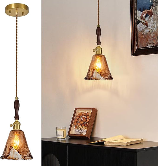 Brown Glass Vintage Pendant Light 6.18" Handmade Glass Pendant Lights Kitchen Island Gold Hanging Light Fixture for Bedroom Dining Room Hotel (1 Pack)