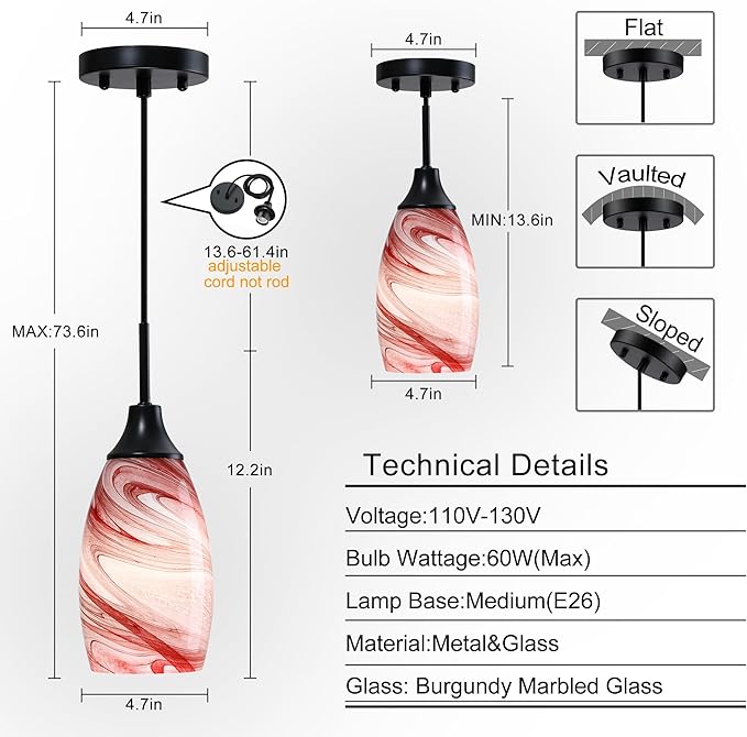 Mini Glass Pendant Light 4.72" with Handblown Burgundy Marble Art Glass Hanging Light 1-Pack Oval Ceiling Hanging Light Fixture for Dining Room Kitchen Island Cafe Foyer Hallway