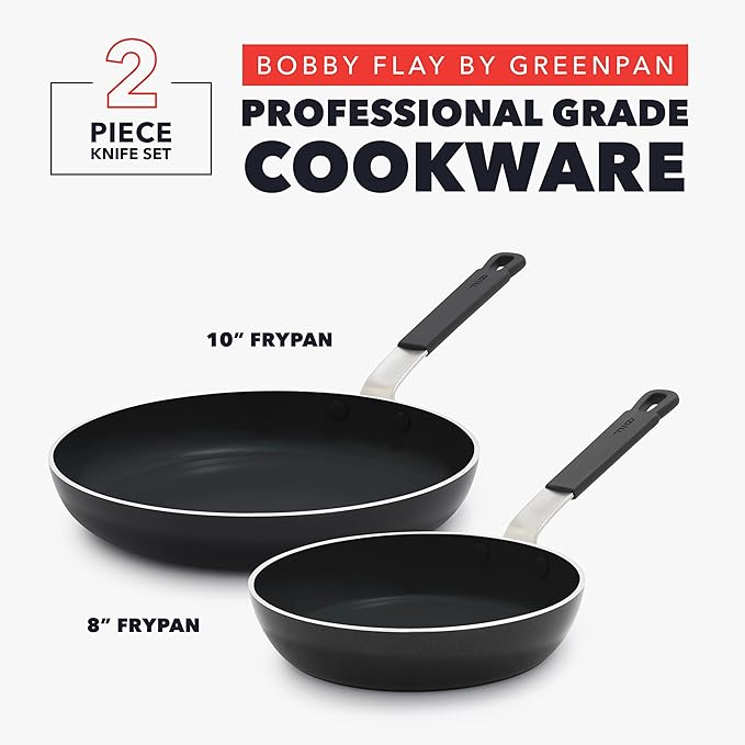 GreenPan x Bobby Flay 2 Piece- 8” and 10” Nonstick Frying Pan Skillet Set, PFAS-Free Diamond Ceramic, Induction Suitable, Stay-Cool Silicone Handle, Easy Clean Dishwasher & Oven Safe, Black