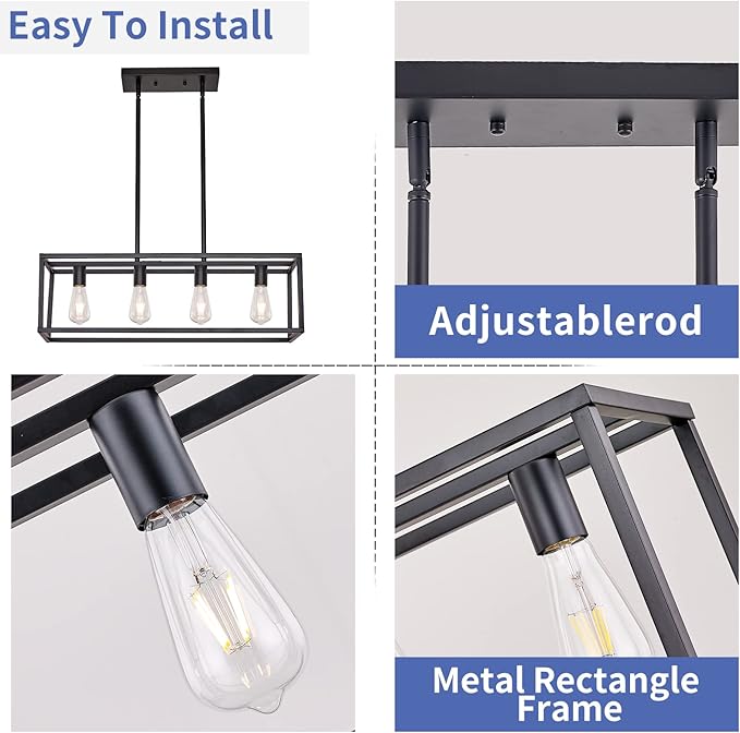 Farmhouse Rectangle Chandeliers for Dining Rooms, Modern Linear Hanging Light Fixture Matte Black 4-Light Industrial Pendant Lighting for Kitchen Island