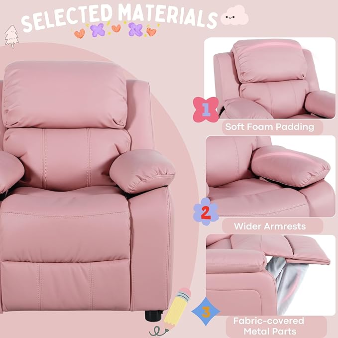 JC Home Macaron Kids Reclining Chair Leather Recliner Sofa Push Back Toddler Youth Children Child Ages 2-8