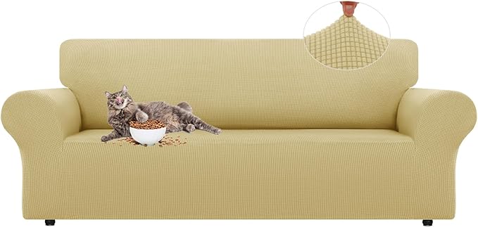 LURKA Stretch Sofa Slipcovers 1 Piece Couch Covers for 3 Cushion Couch Sofa Furniture Protector Full Sofa Covers with Elastic Bottom for Kids and Dog (Champagne, Large)