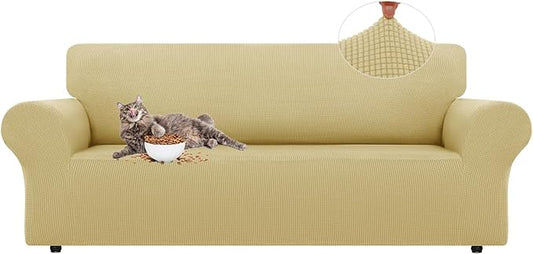LURKA Stretch Sofa Slipcovers 1 Piece Couch Covers for 3 Cushion Couch Sofa Furniture Protector Full Sofa Covers with Elastic Bottom for Kids and Dog (Champagne, Large)